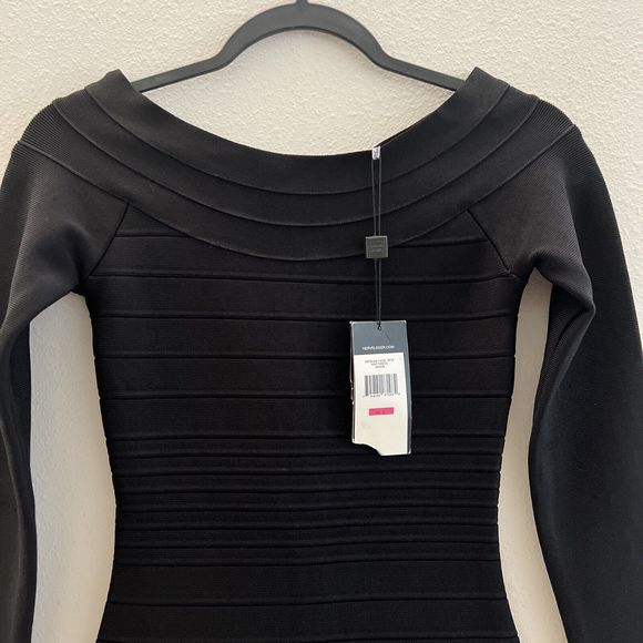 HERVE LEGER Black BANDAGE Zip-Up STRETCH RIB KNIT Bodycon MINI DRESS Sz L - Picture 2 of 12
